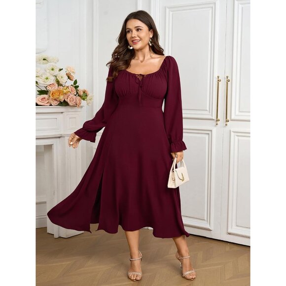 Women's Plus Size Maxi Dress Flowy A-Line Long Sleeve Square Neck Formal - Picture 2 of 7
